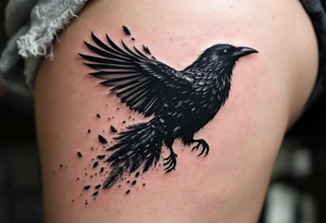 Crow with Feather Trail – A flying crow leaving a trail of scattered feathers behind. Black ink with white highlights and a hint of silver dust effect. tattoo idea