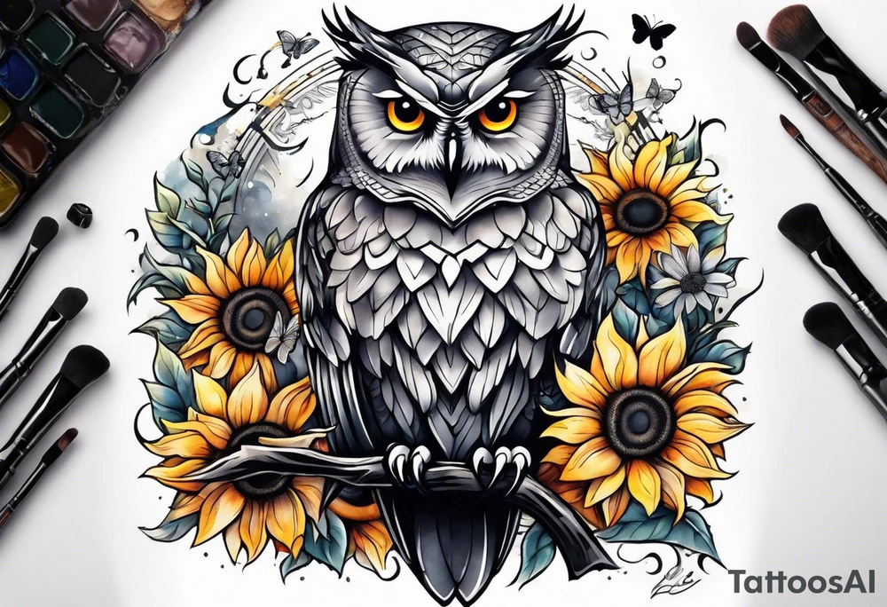 Owl with angel wings surrounded by sunflowers and butterflies sleeve tattoo idea