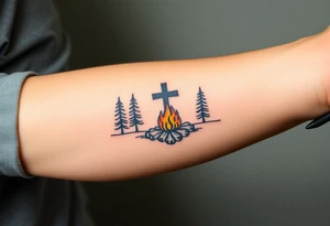 Campsite with a campfire with a cross tattoo idea