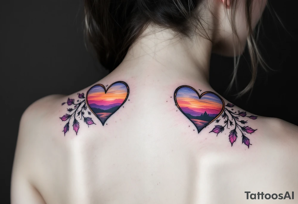 Hearts shaded with a sunset gradient of orange, pink, and purple across both shoulder blades. tattoo idea