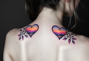 Hearts shaded with a sunset gradient of orange, pink, and purple across both shoulder blades. tattoo idea