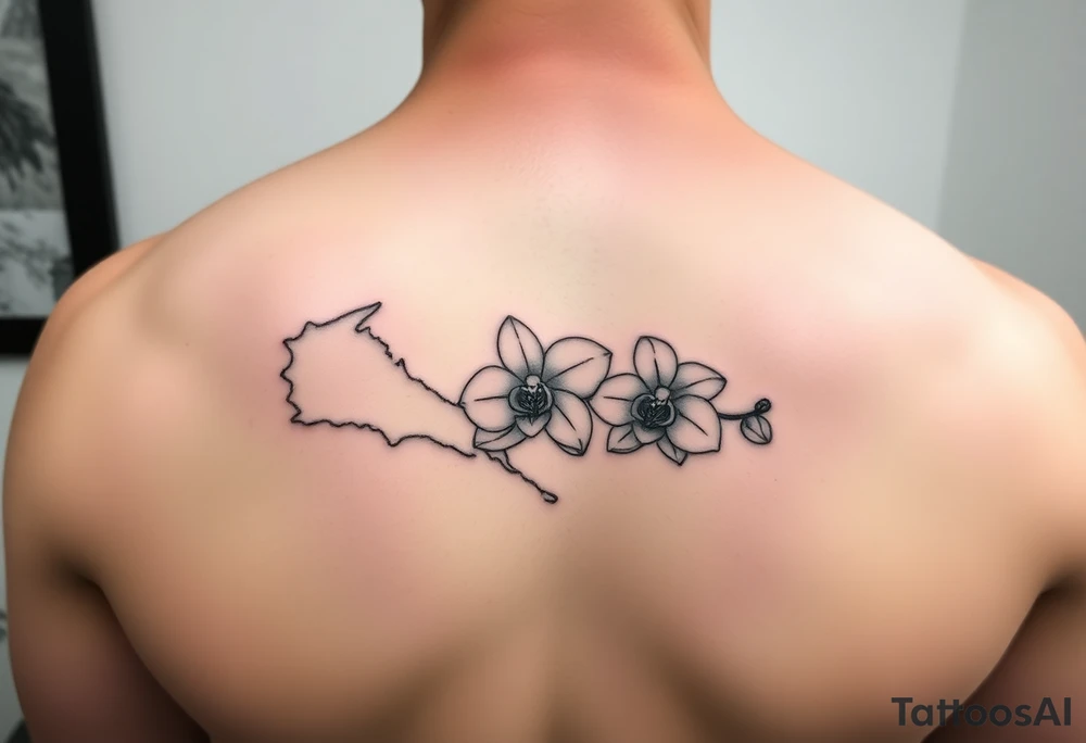 Thin line tattoo that uses the Venezuelan coastline as the stem of an orchid flower tattoo idea