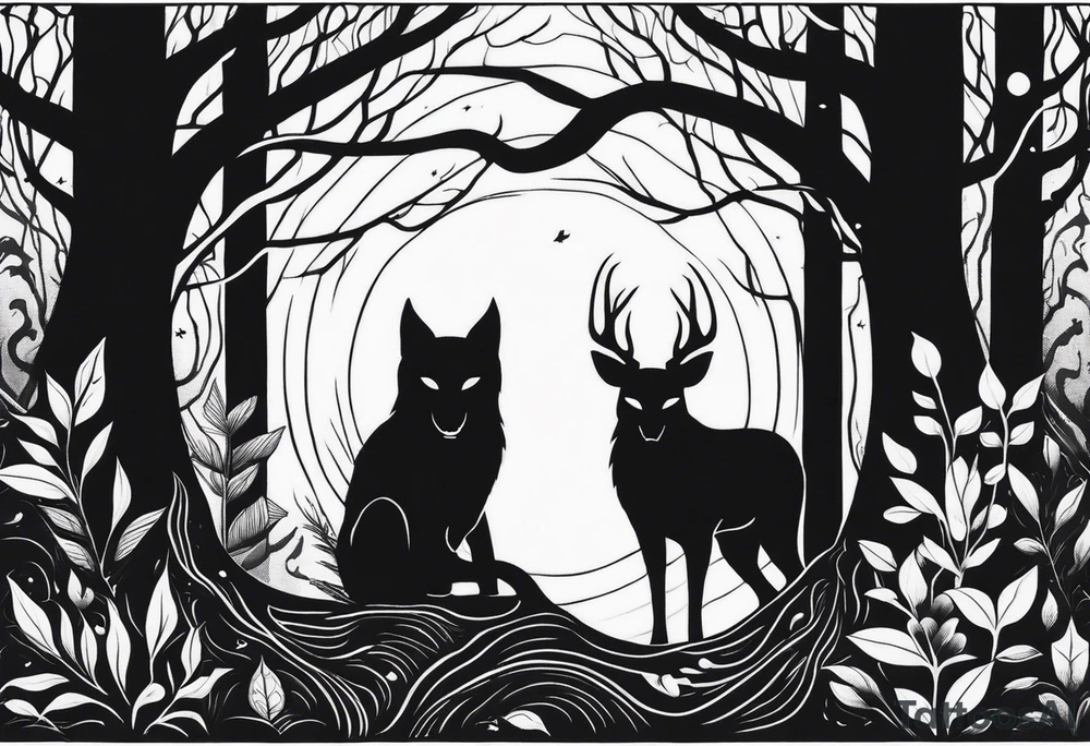 long black scary silhouettes with white eyes in a big dark forest tattoo idea