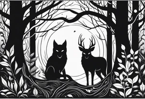 long black scary silhouettes with white eyes in a big dark forest tattoo idea