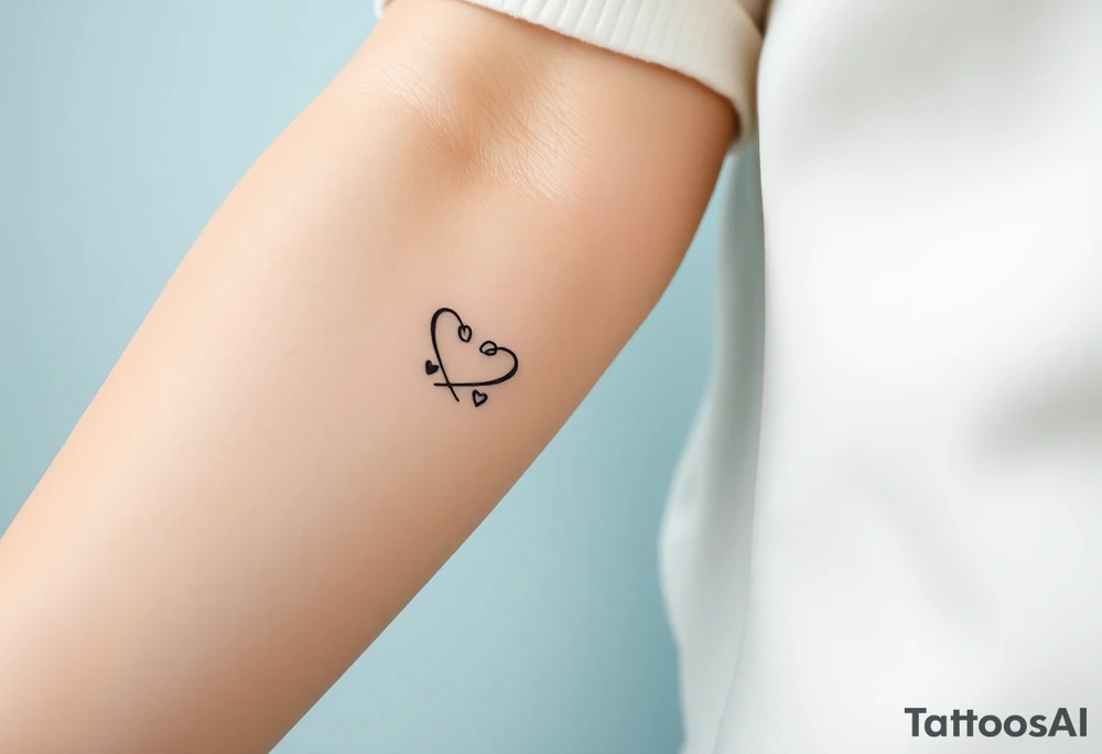 A minimalist infinity symbol with two tiny hearts on each loop, rendered in a thin, black ink for a subtle, timeless look tattoo idea
