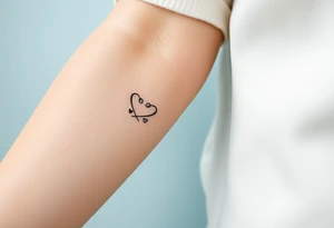 A minimalist infinity symbol with two tiny hearts on each loop, rendered in a thin, black ink for a subtle, timeless look tattoo idea