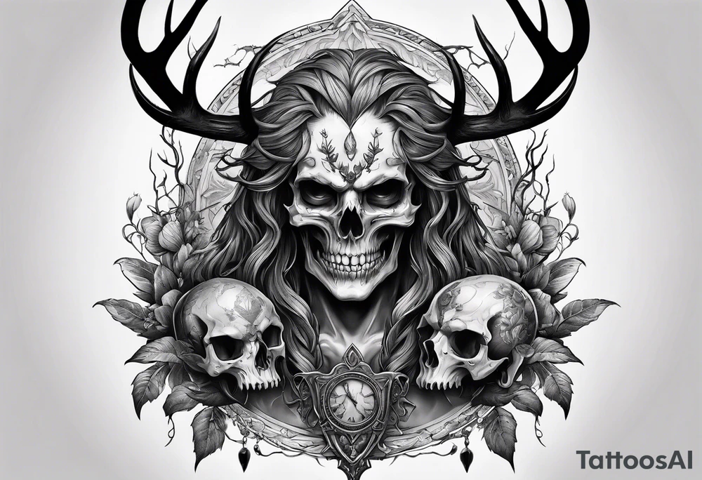 creepy demon with deer skull tattoo idea