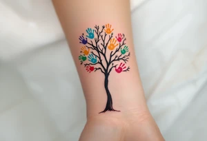 Bare tree with colored handprints on the trunk, each handprint labeled with a name and year: “Martin 2015,” “Olivie 2012” etc. Bright primary colors for prints on a black-ink tree. tattoo idea