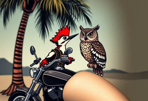 Woody the woodpecker wearing a leather vest that says peckerwoods, on a Harley Davidson under a palm tree, gazing in love at a barn owl tattoo idea