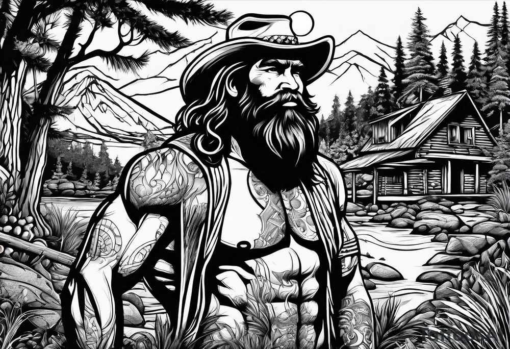caveman weekend with cross, golf, bourbon, campfire and cabin tattoo idea