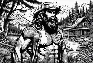 caveman weekend with cross, golf, bourbon, campfire and cabin tattoo idea