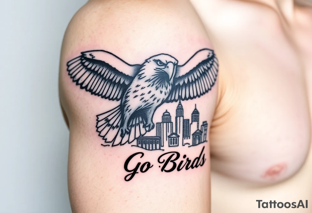 Philadelphia Eagle flying toward front over Philadelphia city skyline faded with a Go Birds written under it tattoo idea