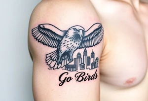 Philadelphia Eagle flying toward front over Philadelphia city skyline faded with a Go Birds written under it tattoo idea