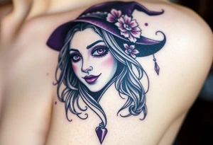 A witches portrait with purple accents and halloween ornaments tattoo idea