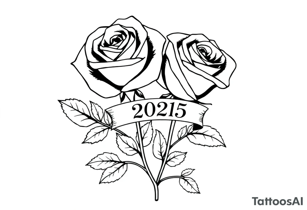 two beautiful large rose buds, one larger than the other, with many leaves next to the rose buds, with one sitting higher than the other. Include a banner connecting the two roses with the year "2025" on it.   Use dark outlines with little shading. The two stems should be short, not long, and connect and join into one stem, whimsically curved or twisted - not straight down. tattoo idea
