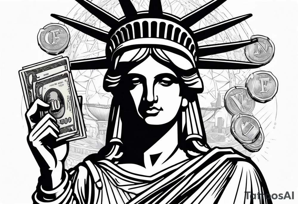 Statue of liberty in handcuffs holding money in his hands tattoo idea