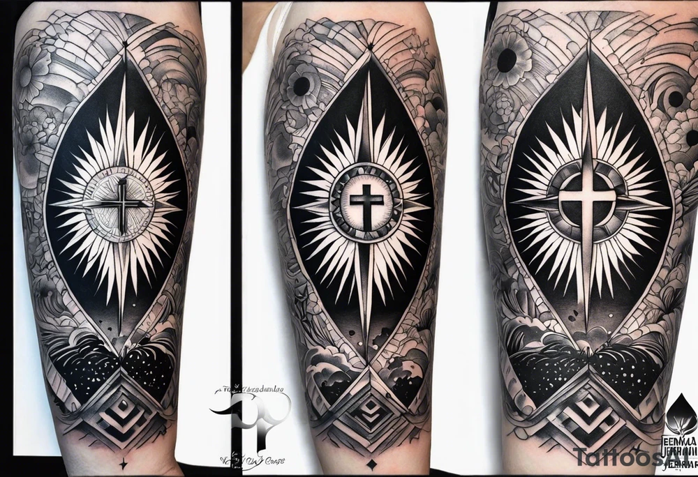 Forearm tattoo cross with rays of sun, 08/21/2024 in with Jeremiah 29:11 tattoo idea