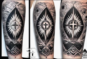 Forearm tattoo cross with rays of sun, 08/21/2024 in with Jeremiah 29:11 tattoo idea