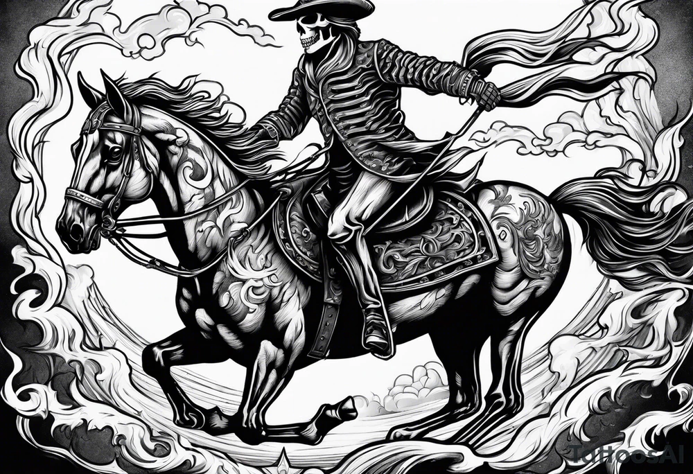 Skeleton riding a horse on fire tattoo idea