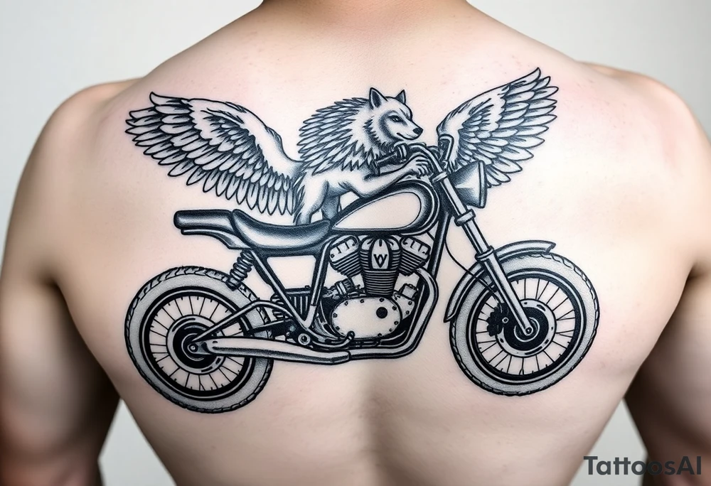 a motorcycle on it with guardian angel wolves on the bike tattoo idea