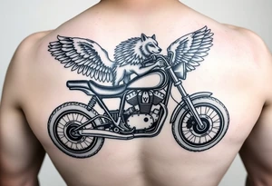 a motorcycle on it with guardian angel wolves on the bike tattoo idea