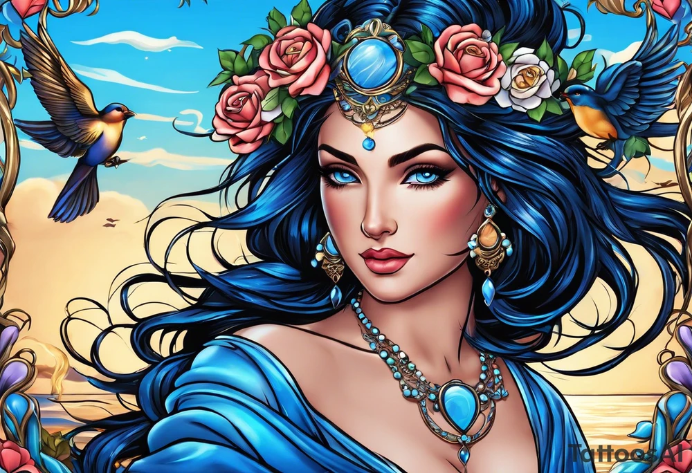 Aphrodite is the goddess of love, with a seaside background, surrounded by birds.. blue roses frames, background blue,present it in a tattoo, black hair, love motives tattoo idea