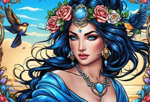 Aphrodite is the goddess of love, with a seaside background, surrounded by birds.. blue roses frames, background blue,present it in a tattoo, black hair, love motives tattoo idea