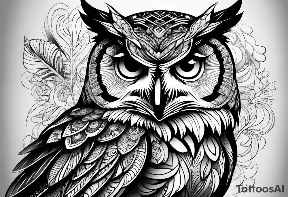 “A wise owl perched on a branch, with large, expressive eyes and intricate feather patterns, representing wisdom tattoo idea
