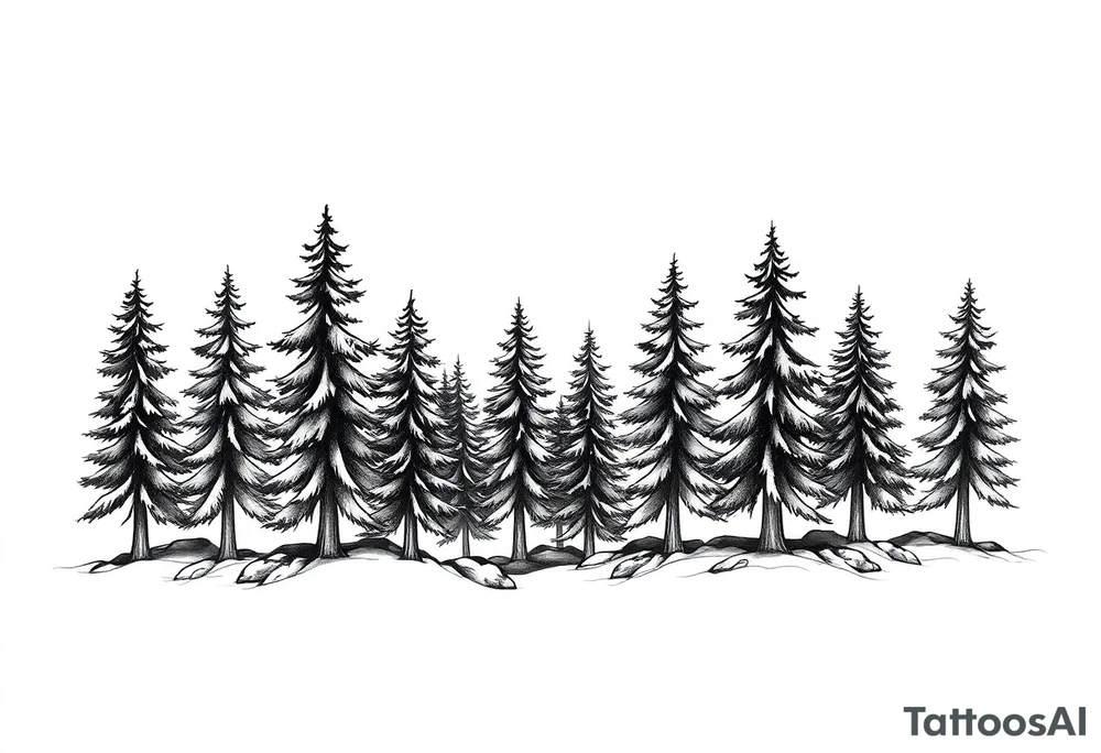 Coniferous forest trees in black and gray tattoo sleeve tattoo idea