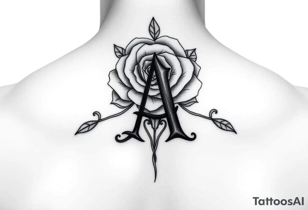 Create a throat tattoo using old english font of Letter A with subtle rose background tattoo idea