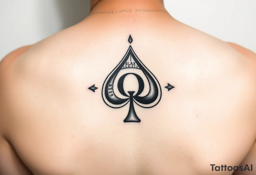 A spade womb tattoo with a Q in the center, with three points around the outside. The first reading, "BLACK". The second reading, "SEED". The third reading, "ONLY". tattoo idea