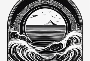 Many small Waves and a sandy beach in black and White, INSIDE a shape of an upright bodyboard tattoo idea