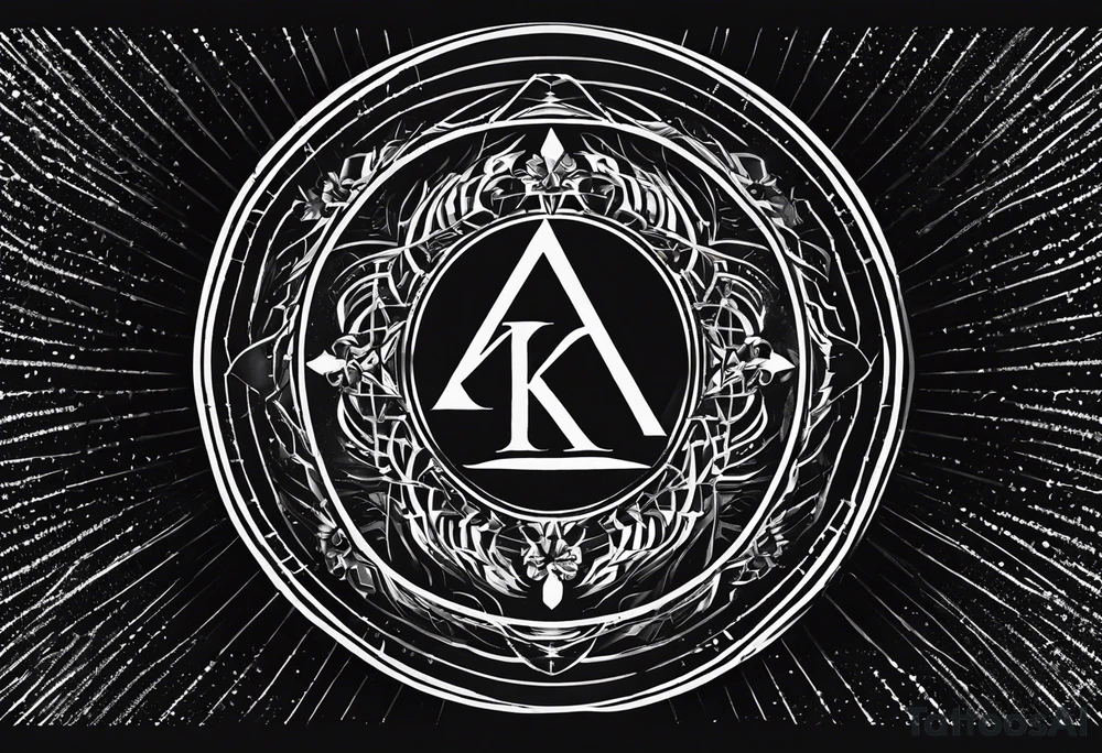 Simplistic symbol large delta inside a circle. Circle is made from chain and with small letters k sprinkled inside. tattoo idea