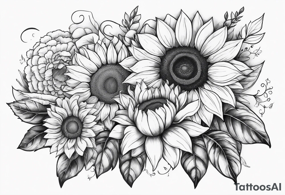 My moms name in cursive Araceli with sunflowers around it with shading all around tattoo idea