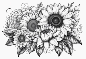 My moms name in cursive Araceli with sunflowers around it with shading all around tattoo idea
