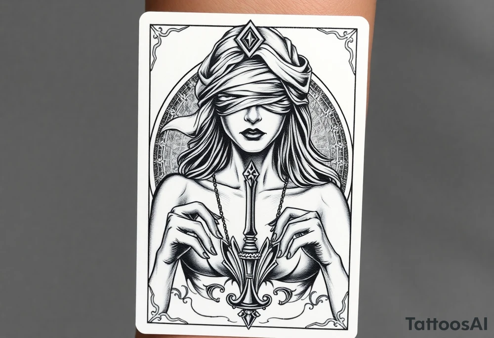 Fortuna's card as a beautiful woman with eyes covered with material, holds a scale in her hands. This character have to be in a card/frame. Do this woman without named tattoo idea