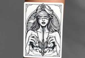 Fortuna's card as a beautiful woman with eyes covered with material, holds a scale in her hands. This character have to be in a card/frame. Do this woman without named tattoo idea