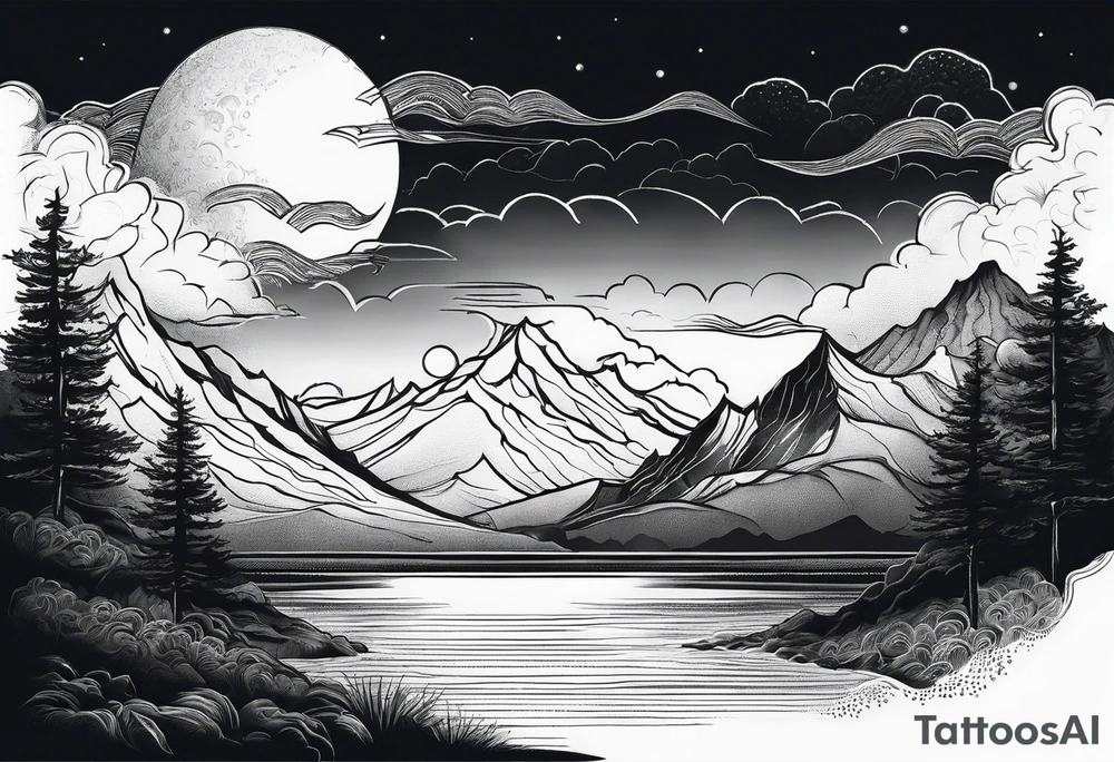 Mountain Range coming Out of the sea and Clouds. Sunrise in Front of it. Half moon and night Sky above the Mountains. tattoo idea
