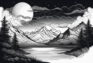 Mountain Range coming Out of the sea and Clouds. Sunrise in Front of it. Half moon and night Sky above the Mountains. tattoo idea