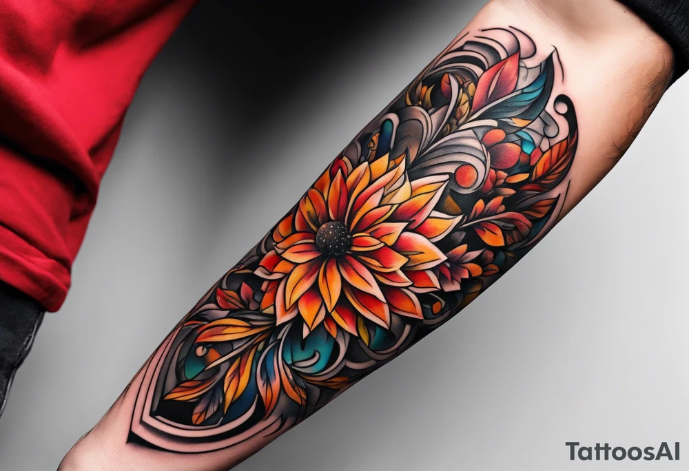 Arm Sleeve Tattoo with fall colors flat tattoo idea