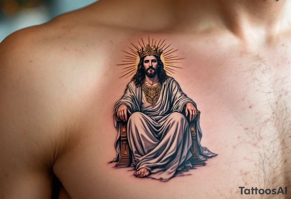 Jesus as King of Kings – A majestic Jesus wearing a golden crown, seated on a throne with bright white robes, and rays of golden light shining down upon Him. The background shows a vast kingdom of soft blues and purples. tattoo idea