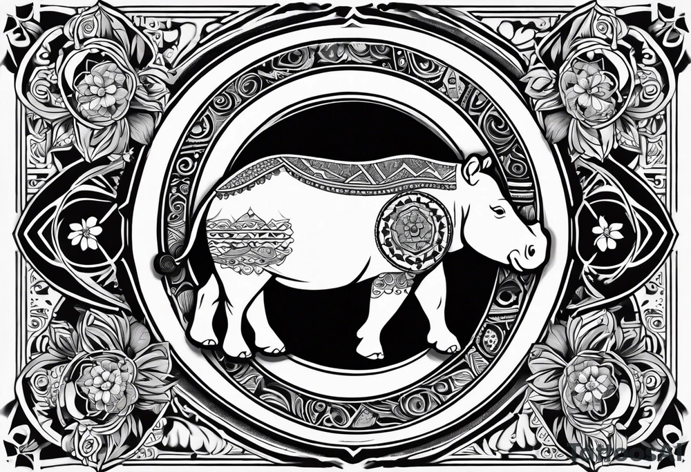 A foot long 2.5inches wide portrait orientation tattoo, containing a detailed hippo headwith tribal patterns in the middle, a full moon on the upper side, and some wintersweet flowwer on the bottom side, these three components are connected with arches, lines, little geometric patterns, the lines will ne fine and narrow tattoo idea