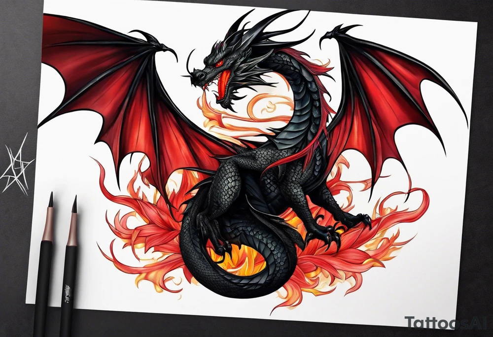 Black dragon surrounded by lightning. Red spider Lillies. tattoo idea