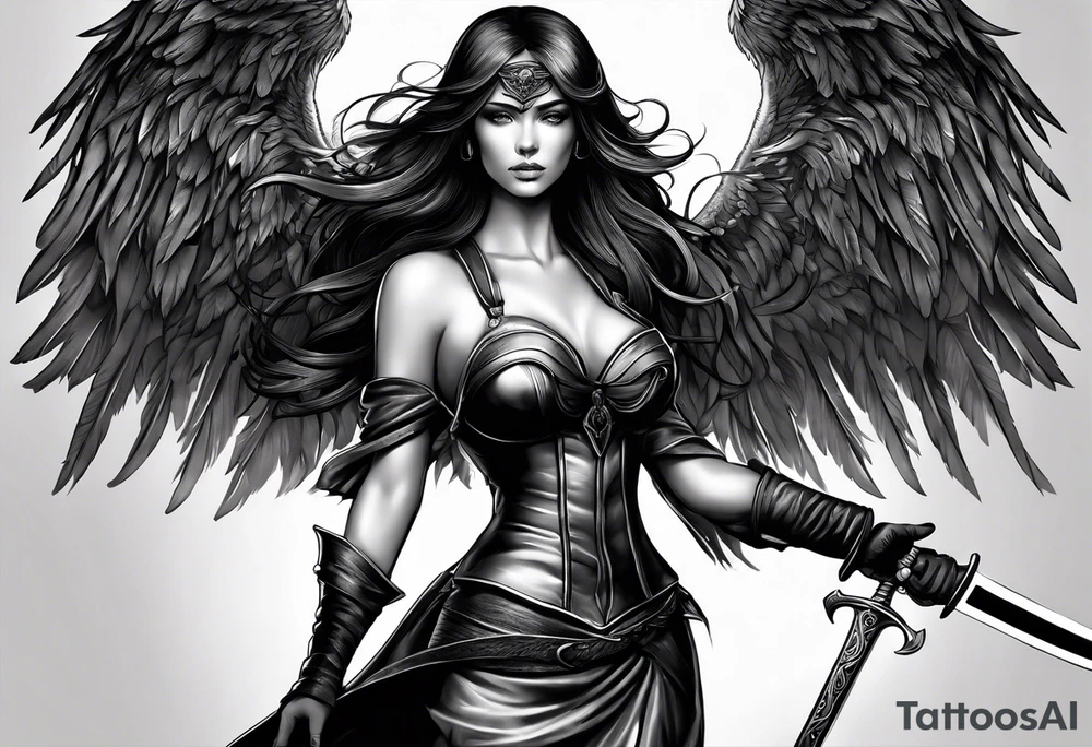 Female dark angel with sword tattoo idea