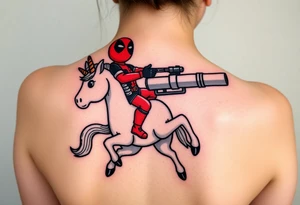 Deadpool riding unicorn pointing rocket propelled grenade launcher tattoo idea
