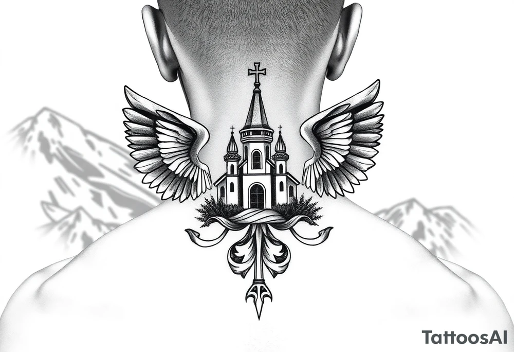 russian coat of arms with both heads visible & wings spanning out on my back neck across on to my shoulders with an orthodox christian church being visible in a mountainous sun beaming setting, with the russian orthodox cross spire of the orthodox church being visible on my neck with a sun beaming in the background that the cross sits inside tattoo idea