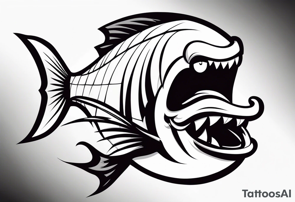 a cartoon fish with sharp, pointed fins and a streamlined body. Its eyes are narrowed with intense, angry brows, and its mouth is twisted into a snarl, showing sharp teeth. The overall appearance is aggressive and intimidating, conveyed through stark black and white contrasts. tattoo idea