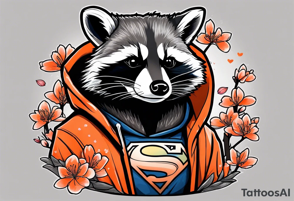 Raccoon wearing a white Superman logo on a black hoodie and orange Japanese cherry blossoms tattoo idea