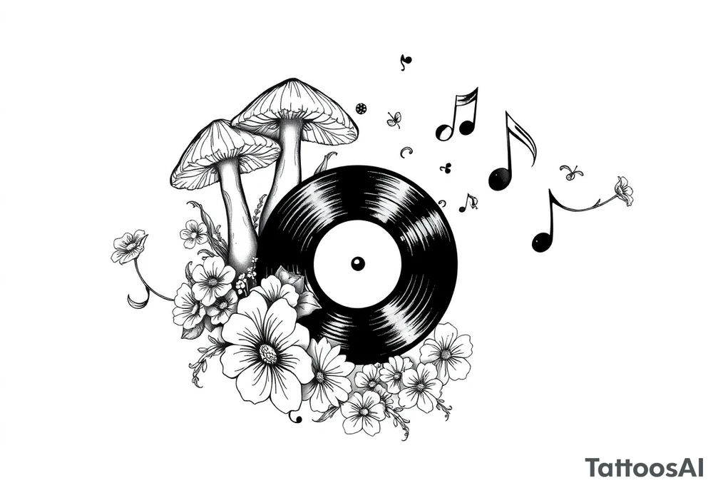 vinyl record with mushrooms, flowers, and music notes tattoo idea