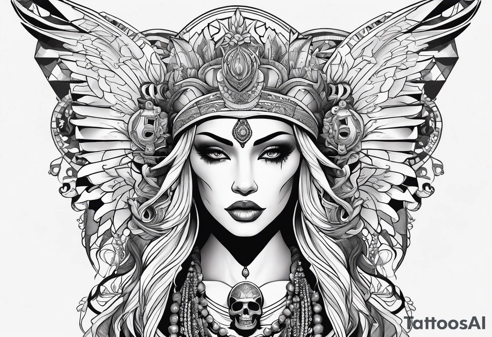 kali, alien goddess, valkrye, pirate, zenza, lotus, wing, pachamama, skull tattoo idea